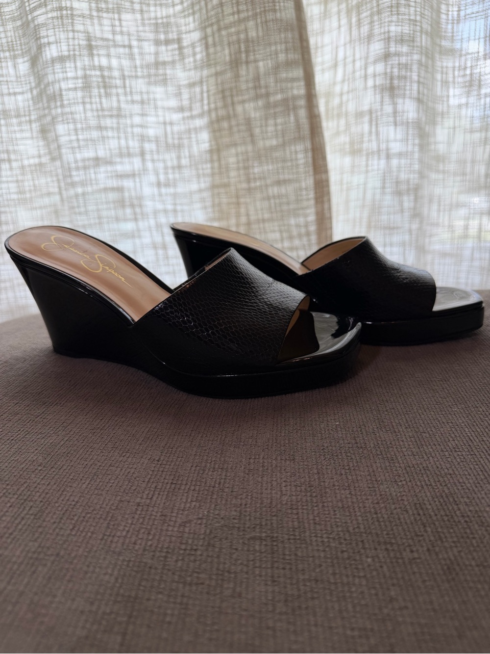 Jessica Simpson Black Peep-Toe Wedge Slide Sandals